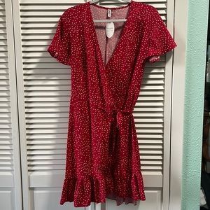 Red polka dot wrap dress